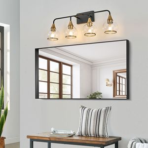 Applique da Parete Moderna a 4 Luci da 31 Pollici, Lampada Industriale per Bagno con Paralumi in Vetro Trasparente, Illuminazione a Parete Nera e Oro - Product Image 3