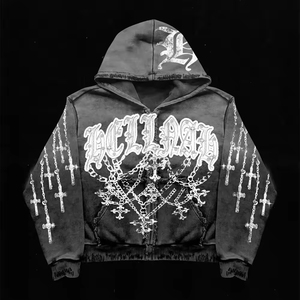 Sweat à capuche zippé surdimensionné en coton molletonné pour homme, style streetwear vintage, avec broderie appliquée, effet vieilli, délavé à l'acide et strass - Product Image 2