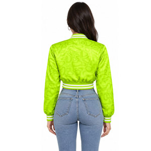 Green Embossed Pattern Varsity <b>Jacket</b> Full <b>Sleeve</b> Zipper Closure Turn-down Collar <b>Short</b> Length Spring Wear Satin <b>Jackets</b> - Product Image 5