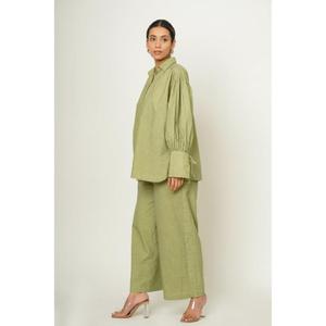 Conjunto de Camisa Oversize Verde de Lino Premium y Pantalones de Pierna Ancha, Manga Larga, Cómodo, Color Sólido, Estilo Simple, Para Todas las Temporadas - Product Image 6