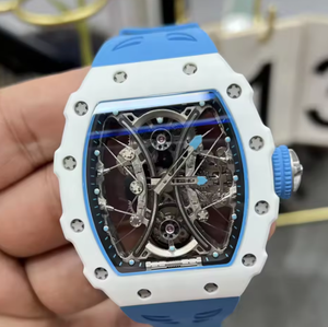 RM AMG Fully <b>Skeletonized</b> Tourbillon Tonneau-shaped Mechanical <b>Watch</b> Blue White blocked X-shaped Frame Men's Wristwatch - Product Image 5