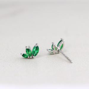 <b>Silver</b> 10K <b>Solid</b> Gold Tiny Emerald Marquise Stud <b>Earrings</b> Trio Gemstone Dainty May Birthstone Minimalist Wedding IGI Certified - Product Image 4
