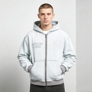 Sweat-shirts à capuche gris bleu clair tendance pour hommes, avec fermeture éclair, broderie de logo personnalisée, poche surdimensionnée, décontractés et confortables, sweats-shirts vierges - Product Image 1