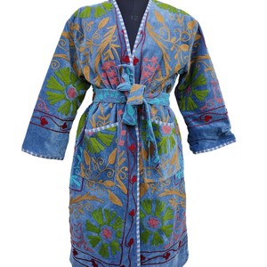 Top Trendy Elegant Suzani <b>Kimono</b> <b>Robe</b> <b>Long</b> Boho Jacket Printed Striped 100% Cotton Breathable V-neck Lightweight Tie Waist - Product Image 3