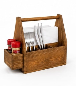 Organisateur de couverts en bois massif fait main, porte-ustensiles de table, multi-compartiments, rangement pour cuisine, salle à manger, restaurant - Product Image 1
