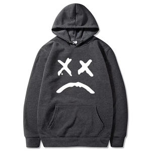 Sudadera con capucha negra para hombre con estampado de ojos blancos en X y boca triste, estilo oversize, informal, para otoño, de algodón French Terry. - Product Image 6