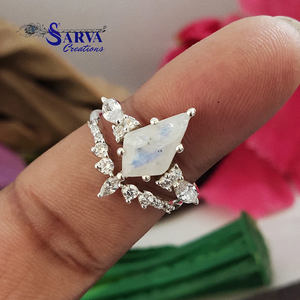 Ensemble de bagues en argent sterling 925 avec pierre de lune naturelle en forme de cerf-volant et accents de zircon cubique, pour mariage et fiançailles - Product Image 2