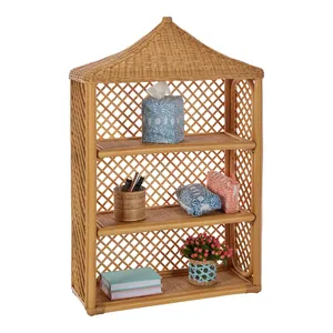 Custom Vintage Wicker Rattan Shelving Multi Tier Floor Standing <b>Display</b> <b>Unit</b> Aesthetic Roof Shaped Home Decor Storage <b>Shelf</b> - Product Image 2