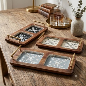 Wooden Decorative Trays Spring Rectangle Floral Pattern with Brass Handles Rustic Style 2Pcs - Product Image 3