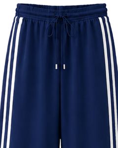 Manufacturer <b>Navy</b> <b>Blue</b> <b>Wide</b> <b>Leg</b> Track Pants With White Triple Side Stripes Women Casual Loose Fit Drawstring Streetwear <b>Trousers</b> - Product Image 5