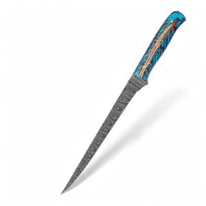 Couteau à fileter de précision artisanal en acier Damas, manche en résine hybride bleue motif pomme de pin, outil spécialisé - Product Image 1