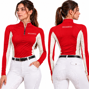 Camisa de equitación personalizada Olive para mujer, con cremallera de un cuarto, manga larga, para competición ecuestre, transpirable y de alto rendimiento. - Product Image 5