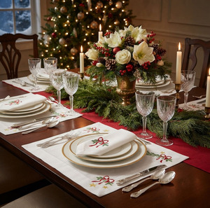 Wholesale Custom Traditional Linen Hemstitch Mat Set Embroidered <b>Red</b> <b>Bow</b> Pine Leafs Christmas Placemat Napkin Machine Washable - Product Image 4