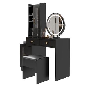 Modern Teak <b>Makeup</b> Vanity Table Set with LED <b>Mirror</b> Retractable Dressing Power Outlets 3 Light Colors Side Cabinet - Product Image 5