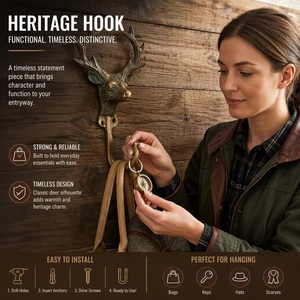 Porte-manteau mural vintage en bronze en forme de tête de cerf, rustique, fait main, en fonte, étanche, écologique, installation autocollante - Product Image 3