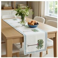 Nouveau design : Chemin de table en toile de coton beige imprimé palmiers, 33x120 cm, avec bordure bleue – Décoration intérieure classique à prix abordable