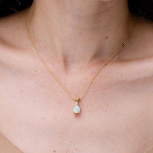 Premium Quality Natural Gemstone & Diamond 2 Stone <b>Pendant</b> 14K <b>Gold</b> Round Opal Solitaire V-Bale <b>Pendant</b> with Diamond Necklace - Product Image 4
