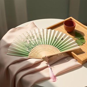 Handmade Bamboo Folding <b>Fan</b> Natural Green Gradient Design <b>Pink</b> Tassel Art Collectible Decor - Product Image 5