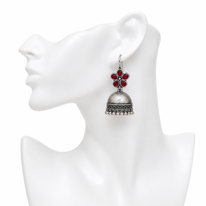 Pendientes Jhumka de Plata Oxidada al por Mayor, con Forma de Flor Tradicional, Estilo Bollywood, con Rubíes, para Aniversario, Proveedor al por Mayor - Product Image 3