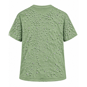 T-shirt unisexe vert sauge orné de perles, col rond élégant, manches courtes, haut perlé tendance pour le streetwear décontracté et le quotidien - Product Image 2