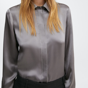 Chemise en soie de haute qualité pour femmes, manches longues, couleur unie, design simple, chemisier pour le bureau, vêtements formels, vêtements en soie de luxe, nouveauté - Product Image 3