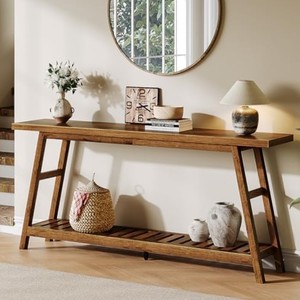 Modern Solid Wood Console Table with Storage Shelf <b>Trestle</b> Base Entryway Living Room Furniture - Product Image 2