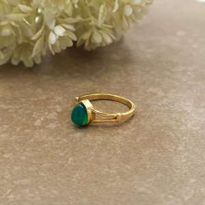 Boho Pear Green Onyx Brass <b>Ring</b> 14K Gold Plated <b>Split</b> Shank Minimalist Statement Unisex Engagement Jewelry - Product Image 3