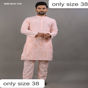 <b>Top</b> Quality Linen Cotton with Embroidery-Thread Pattern Readymade Full-Sleeve Kurta-Matching Polo Pant Set Wholesale Supply - Product Image 1