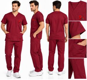 Conjunto de Uniforme Médico Unisex Color Granate con Cuello en V y Manga Corta, Parte Superior e Inferior de Tela Tejida - Product Image 1