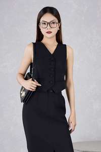 Chaleco de mujer de sarga de diseño americano con cuello en V, de un solo botón, teñido liso, de lana peinada - Estilo estructurado para oficina KA11 - Product Image 2