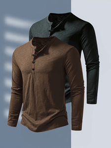 Men's Long Sleeve Henley T-Shirt Solid Color Knitted Slim Fit Casual O-Neck Button-Up Dark Gray Brown 100% Cotton Bangladesh - Product Image 2