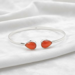 Pear Shape Red Coral <b>Bangle</b> <b>Bracelet</b> 925 Sterling Silver 14K Gold Plated Dainty Adjustable Boho Gemstone Jewelry - Product Image 4