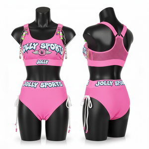 Ensemble de bikini pour femmes, 230 GSM, polyester et élasthanne, rose, avec bretelles à chaîne, design à panneaux, broderie, applique, logo personnalisé, bikinis pour femmes - Product Image 5