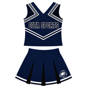 Ensemble d'uniforme de cheerleading bleu marine, noir et blanc, avec crop top sans manches à col en V et jupe plissée, pour spectacle de danse et équipe de cheerleading - Product Image 1