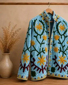 Bohemian Blue Fleece <b>Velvet</b> Suzani <b>Jacket</b> With Floral Embroidery Stand Collar Full Sleeve <b>Women's</b> Autumn Outerwear - Product Image 2