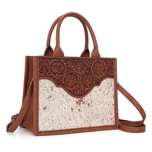 Sac fourre-tout en cuir de vachette à motif floral, sac à main western pour femme avec fermeture éclair, motif unique en cuir de vachette, sac à main spacieux et pliable - Product Image 3