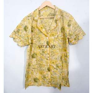 Ensemble pyjama short en coton pur à 100 %, imprimé à la main, élégant et classique, pour les vacances d'été, avec poches, doux et respirant - Product Image 3