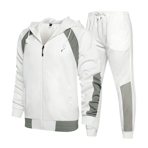 Ensemble de survêtement pour homme, couleur unie blanc-gris, avec sweat à capuche zippé et pantalon, style décontracté pour l'automne, manches longues, design uni, survêtements personnalisés - Product Image 3
