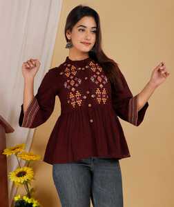 Top Peplum Bordado Color Granate para Mujer, Túnica Étnica Informal con Botones Delanteros y Dobladillo Acampanado para Jeans - Product Image 1