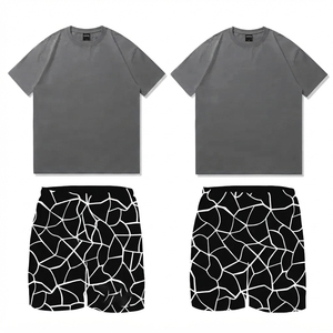 <b>Men's</b> White Short Sleeve T-<b>Shirt</b> With Black Geometric Pattern Shorts Set Casual Regular Fit Cotton Jersey Breathable O-Neck - Product Image 2