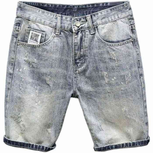2026 <b>Men's</b> Ripped Distressed Denim <b>Shorts</b> Graphic <b>Patch</b> Streetwear Hip Hop Light Blue Jeans <b>Short</b> Wholesale - Product Image 4