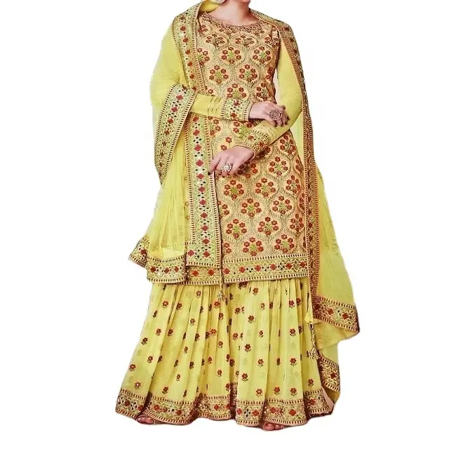 مصمم اللباس المواد شرارة الأصفر اللون الباكستانية مصمم فساتين زفاف جمع شرارة دعوى مع طويلة Kameez 2022