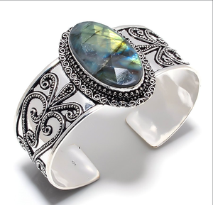 Handmade Labrodite Gemstone <b>Cuff</b> <b>Bracelet</b> Geometric Boho Vintage <b>Silver</b> Plated Women's Unisex Jewelry - Product Image 1