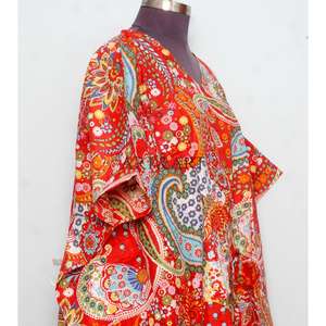 Caftán corto rojo coreano hecho a mano, 100% algodón, vestido playero con estampado floral y decoración con cordón, caftán de moda. - Product Image 5