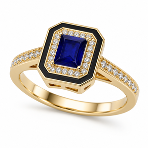 Bague Vintage Art Déco en Or avec Saphir Bleu Taille Émeraude, Halo de Diamants en Émail Noir, Sertissage à Griffes, Diamant de Laboratoire, OEM ODM Personnalisé - Product Image 1