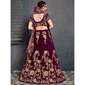 Purple Embroidered Velvet <b>Wedding</b> Lehenga Choli for Bride with Pearls and Sweetheart Neckline - Product Image 3