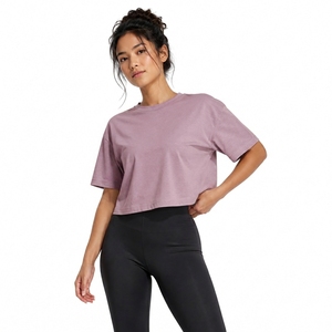 <b>Women's</b> Lavender Cropped <b>T</b>-<b>Shirt</b> Crew Neck Short Sleeve Loose Fit Solid Color 100% Cotton Jersey Casual Wear Spring Summer - Product Image 1