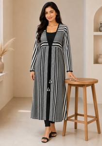 Chaqueta Larga Casual para Mujer, Diseño Premium con Estampado a Rayas, Manga Larga, Cierre con Lazo Frontal, Cómoda de Usar - Product Image 5
