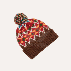 Gorro de Punto a Mano con Patrón Geométrico y Pompón Multicolor, Gorro de Invierno Unisex, Borde Acanalado Marrón, 56-58CM, Estilo Casual - Product Image 1