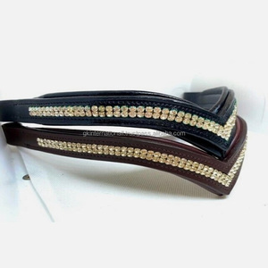Bande de front de cheval rembourrée en cuir de selle épais noir et marron havane décorée de double rangée de cristaux clairs diamante bling - Product Image 5